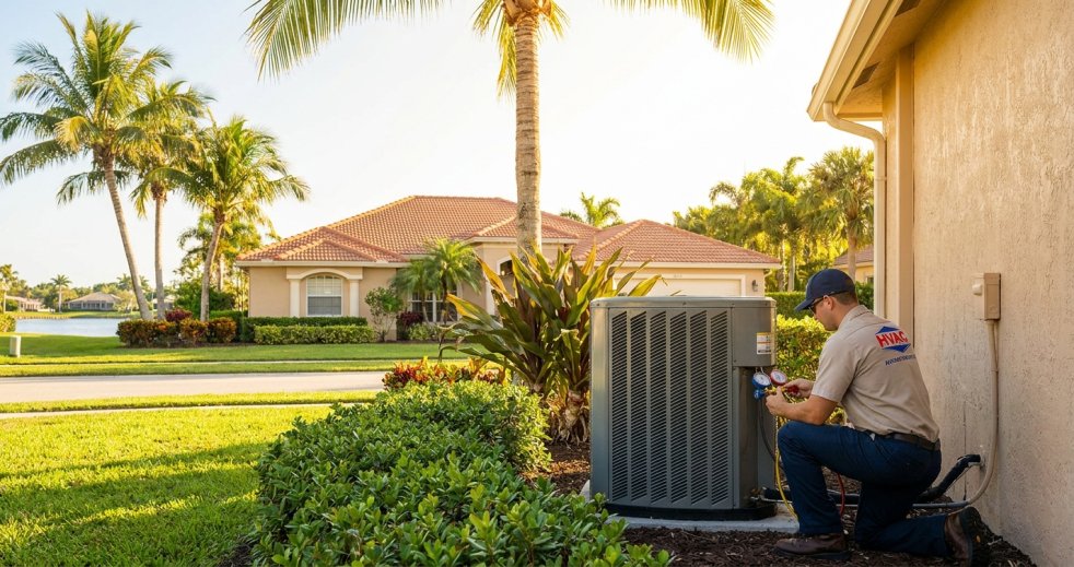 HVAC technician servicing an outdoor AC unit beside a Florida home with palm trees and bright summer sun